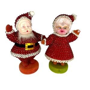 Kitschy Cute Vintage 1950s Santa & Mrs. Claus Beaded Push Pin Flocked Figures